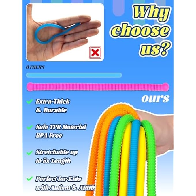 Diltik 10 Pack Monkey Noodle Fidget Toys Colorful Stretchy Sensory Strings for Kids with Autism, ADHD, Anxiety Durable Sensory Toys in Gift Box for Boys & Girls, Travel & Classroom Use - Granular - Image 3