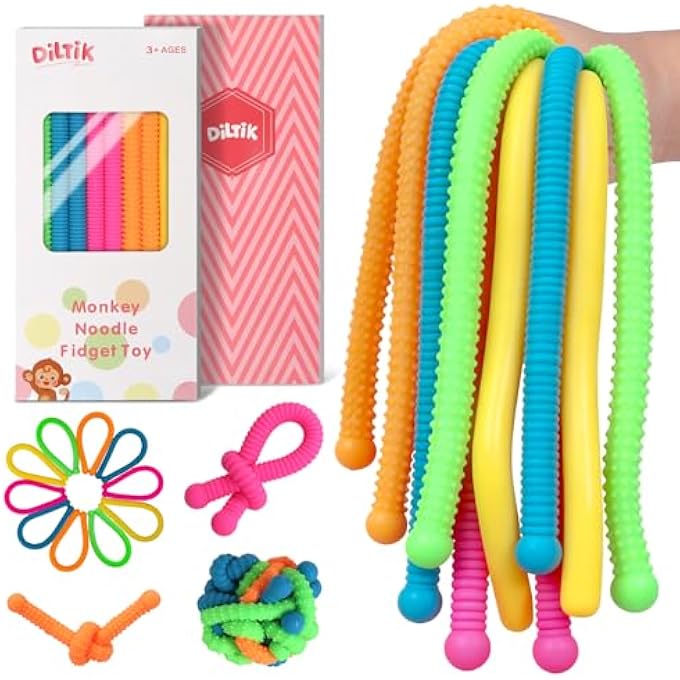 Diltik 10 Pack Monkey Noodle Fidget Toys Colorful Stretchy Sensory Strings for Kids with Autism, ADHD, Anxiety Durable Sensory Toys in Gift Box for Boys & Girls, Travel & Classroom Use - Granular - Image 1