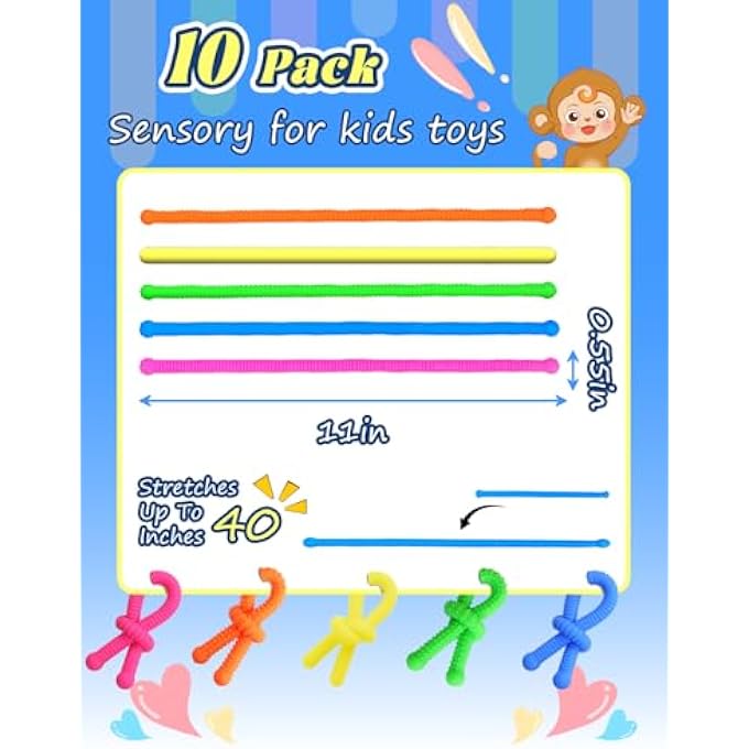 Diltik 10 Pack Monkey Noodle Fidget Toys Colorful Stretchy Sensory Strings for Kids with Autism, ADHD, Anxiety Durable Sensory Toys in Gift Box for Boys & Girls, Travel & Classroom Use - Granular - Image 5