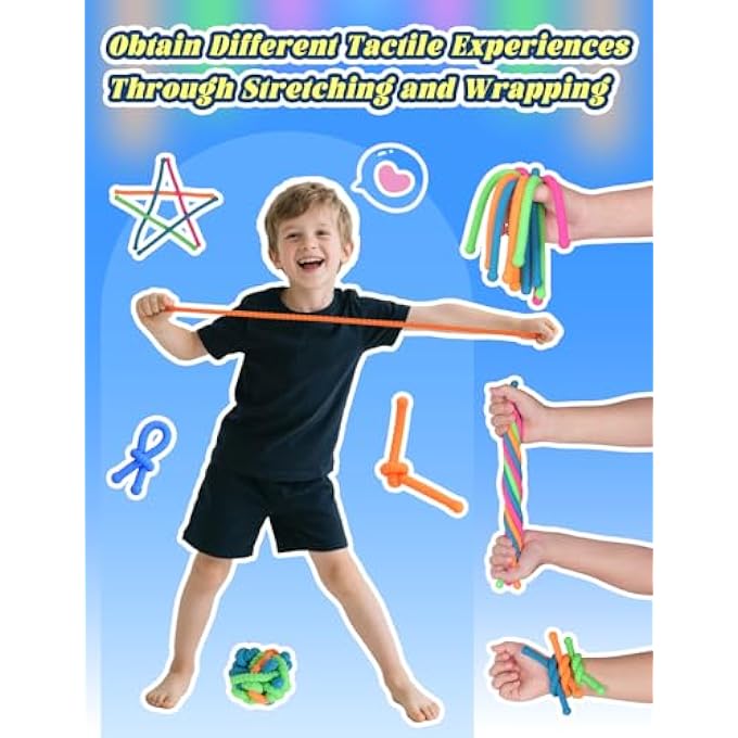 Diltik 10 Pack Monkey Noodle Fidget Toys Colorful Stretchy Sensory Strings for Kids with Autism, ADHD, Anxiety Durable Sensory Toys in Gift Box for Boys & Girls, Travel & Classroom Use - Granular - Image 2
