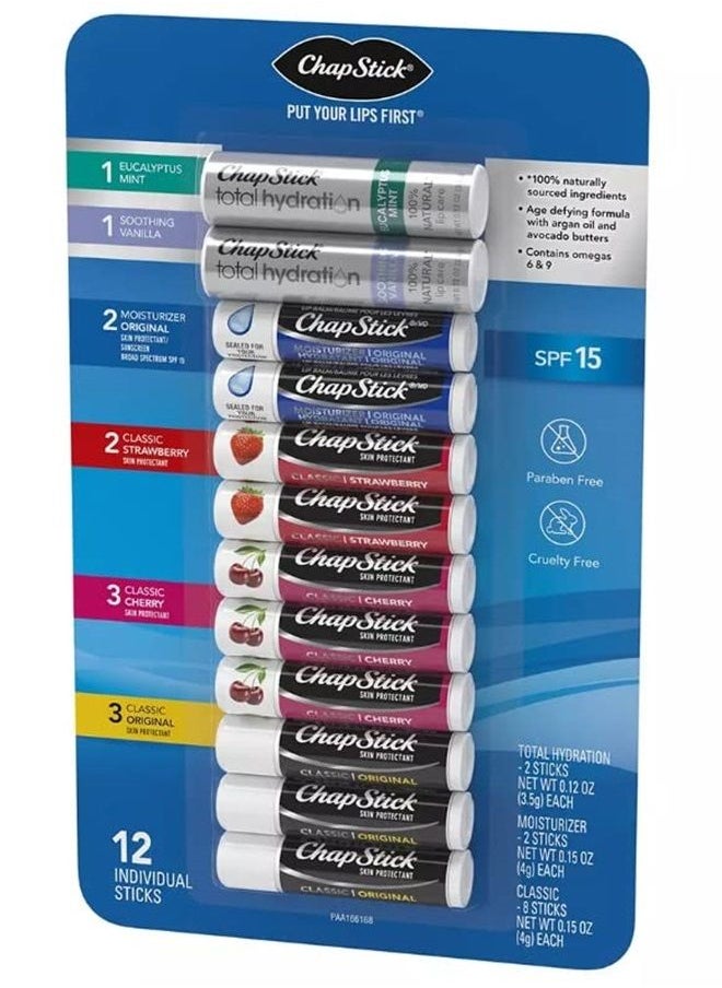chapstick Chapsticks Variety Pack Classic Original,Cherry,Strawberry,Lip Moisturizer and Total Hydration (12 ct.),12 Count 