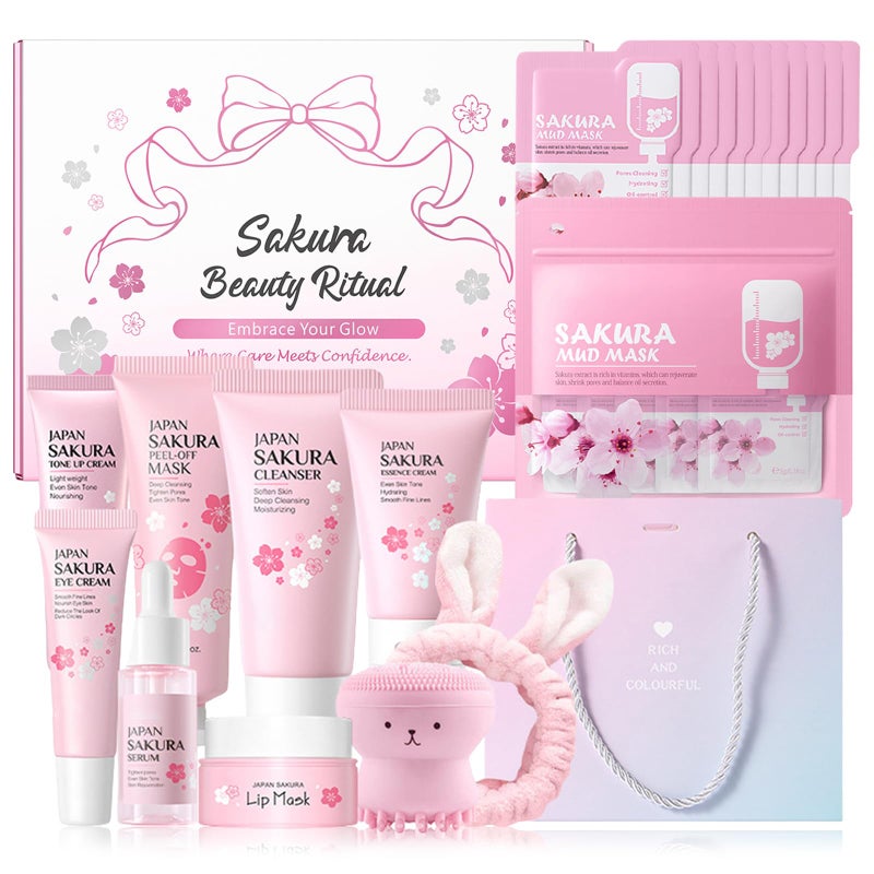 MrCuvaryas Sakura Skincare Set For Teen Girls & Women, 32PCS Face Care Kit With Cherry Blossom Essence, Serum, Cleanser, Lip Mask, Mud Mask & More - Image 1