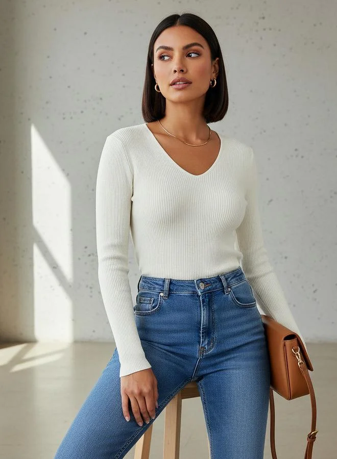 2Xtremz 2Xtremz Regular Fit Ribbed V-neck Tricot Sweater