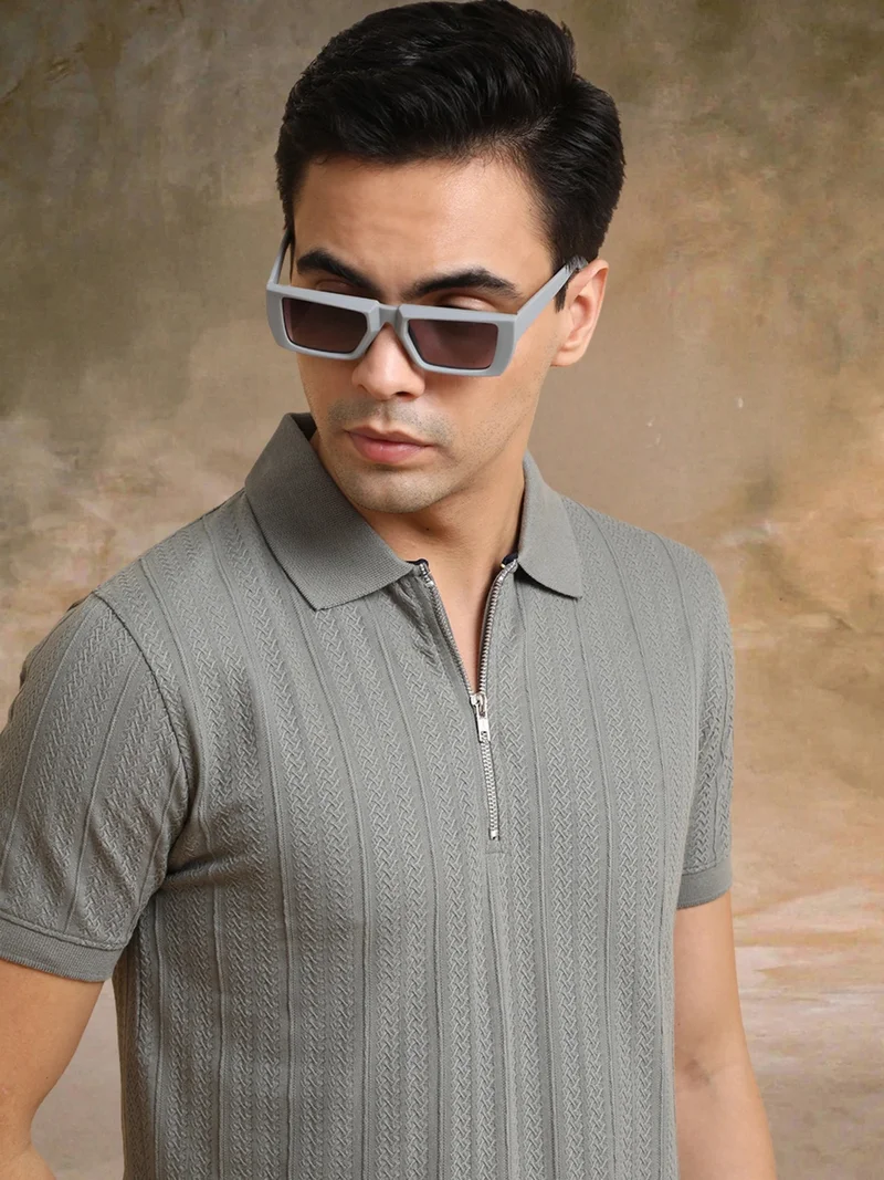 مانياك Maniac Mens Textured knit Full Sleeve Slim Fit Biscuit Cotton Round Neck T-shirt