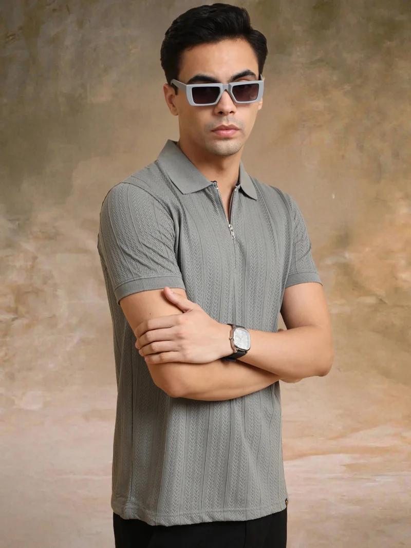 مانياك Maniac Mens Textured knit Full Sleeve Slim Fit Biscuit Cotton Round Neck T-shirt