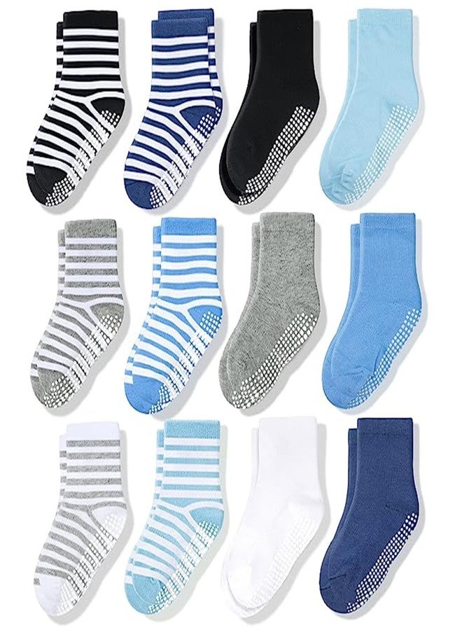 CozyWay Kids Non Slip Cotton Crew Socks Anti Skid With Grips 12 Pairs Striped for Children Toddler Boys Girls 5-7 Years - Image 1