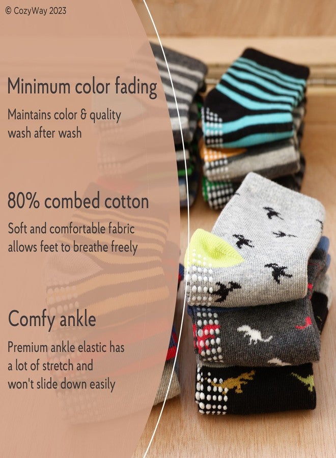 CozyWay Kids Non Slip Cotton Crew Socks Anti Skid With Grips 12 Pairs Striped for Children Toddler Boys Girls 5-7 Years - Image 2