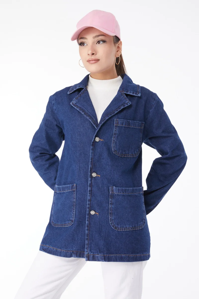 Tofisa 24049-DARK-BLUE Double Breasted Denim Jacket