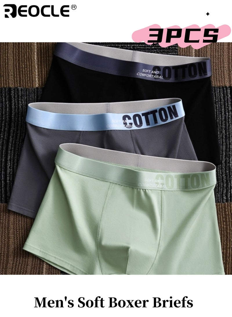 REOCLE 3pcs Men's Soft Boxer Briefs Breathable Underwear High Stretch Sweat-Resistant Solid Color Assortment Cotton Material Casual Wear - Image 1