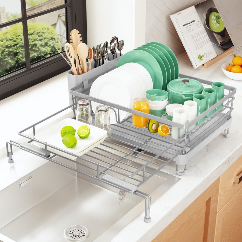 Kitsure Extendable Dish Drying Rack - Rust-Resistant Dish Racks for Kitchen Counter with Adjustable Support Legs, Cutlery Holder & Removable Draining Tray (Grey, 15.6''-25.2''L Ã— 16.9''W Ã— 8.1''H) - Image 1
