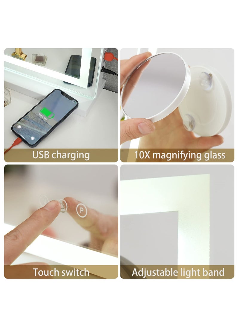 مرآة تجميل كبيرة 80 سم مع ضوء LED قوي قابل للتعتيم 3 ألوان نغمة إطار أبيض - Image 2