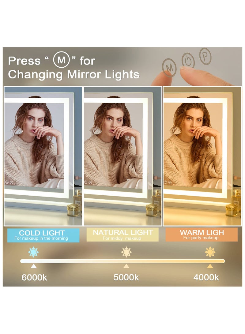مرآة تجميل كبيرة 80 سم مع ضوء LED قوي قابل للتعتيم 3 ألوان نغمة إطار أبيض - Image 5