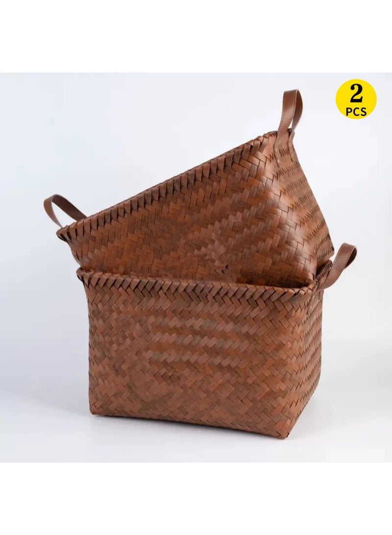 Kawkab 2-piece set of extra-large bamboo storage baskets, dimensions: 38 cm × 26 cm × 24 cm Woven cube storage box with handles, square storage basket, suitable for blankets, clothes, toys, laundry baskets, and wardrobes. - Image 1