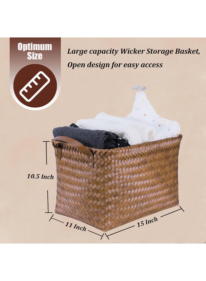 Kawkab 2-piece set of extra-large bamboo storage baskets, dimensions: 38 cm × 26 cm × 24 cm Woven cube storage box with handles, square storage basket, suitable for blankets, clothes, toys, laundry baskets, and wardrobes. - Image 2