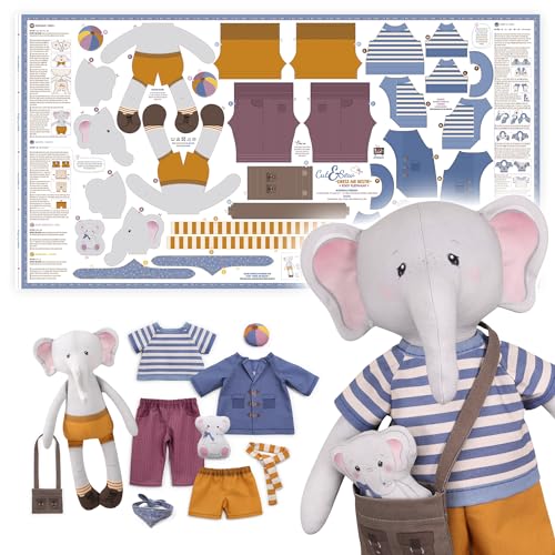 kullaloo Cut & Sew Fabric Panel – Elephant Doll Sewing Kit for Teens & Adults ✦ Intermediate DIY Plush Project with Clothes ✦ Dress Me Bestie Eddy - Image 1