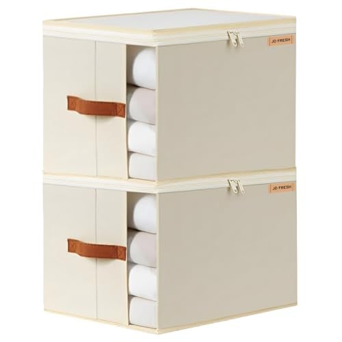 JD FRESH Fabric 2 Pcs 30 Liters Cloth Organizer for Storage/Foldable Cloth Storage Box with Handles/Almirah Organizer with Transparent Window/Wardrobe Organizers for Clothes/Sarees/BedSheets -Beige - Image 1