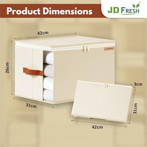 JD FRESH Fabric 2 Pcs 30 Liters Cloth Organizer for Storage/Foldable Cloth Storage Box with Handles/Almirah Organizer with Transparent Window/Wardrobe Organizers for Clothes/Sarees/BedSheets -Beige - Image 3