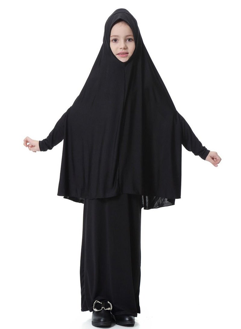 إسكدنيا Girl's Traditional 2-Piece Set Solid Color Abaya Robe And Skirt Suit Black 