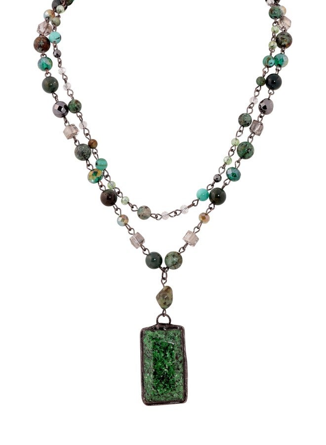 MINACHI Boho Multi-Layer Necklace with Green Stone Pendant, Handmade Earthy Beaded Chain Jewelry, Vintage Style Necklace for Women - Image 1