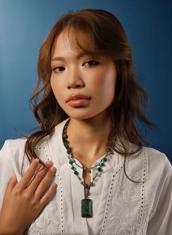 MINACHI Boho Multi-Layer Necklace with Green Stone Pendant, Handmade Earthy Beaded Chain Jewelry, Vintage Style Necklace for Women - Image 3