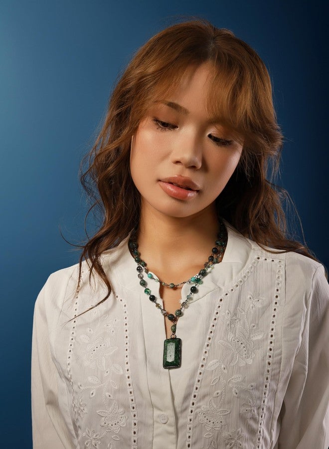 MINACHI Boho Multi-Layer Necklace with Green Stone Pendant, Handmade Earthy Beaded Chain Jewelry, Vintage Style Necklace for Women - Image 5