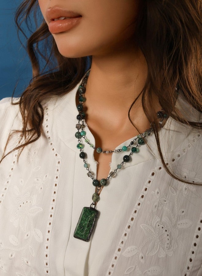 MINACHI Boho Multi-Layer Necklace with Green Stone Pendant, Handmade Earthy Beaded Chain Jewelry, Vintage Style Necklace for Women - Image 2