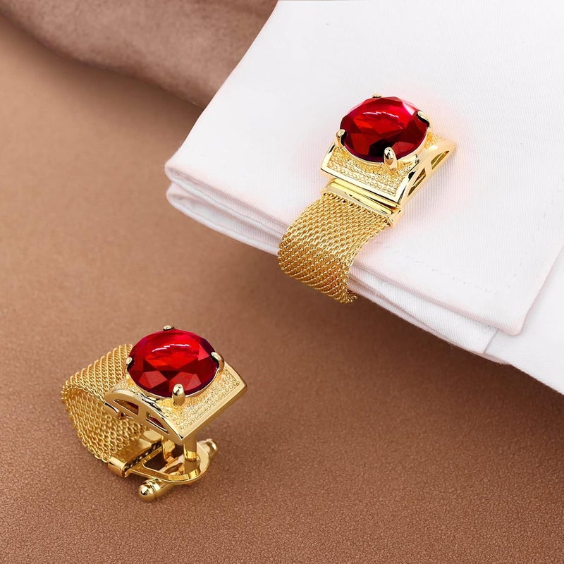 هاوسن Mens Cufflinks with Chain - Stone and Shiny Gold Tone Shirt Accessories - Party Gifts for Young Men - Image 4