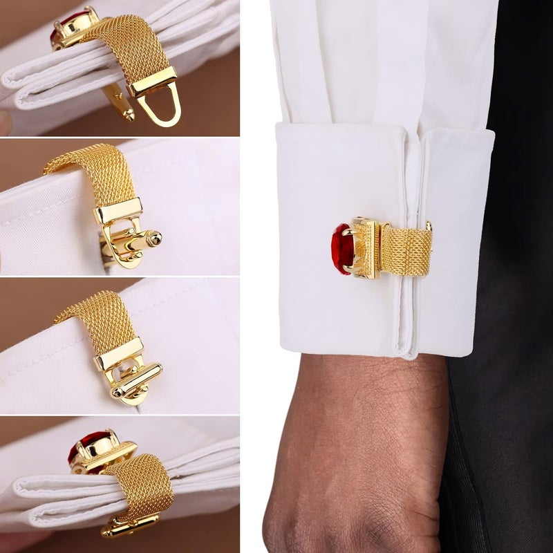 هاوسن Mens Cufflinks with Chain - Stone and Shiny Gold Tone Shirt Accessories - Party Gifts for Young Men - Image 3