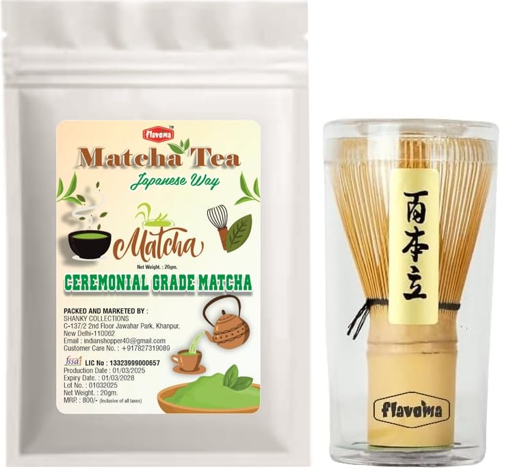 Flavoma Japanese Ceremonial Matcha Green Tea Powder (20G) + Traditional Bamboo Matcha Whisk for Brewing Matcha Tea (Sourced from Shizouka Japan) - Image 1