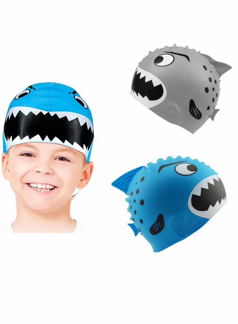 Excefore Kids Swimming Caps Waterproof Silicone Bathing Cap lovely Cartoon Animal Prints Protect Ears Soft Lightweight Boys and Girls Swim Caps (Age 3-12 Shark Pattern 2pcs)  - Image 1