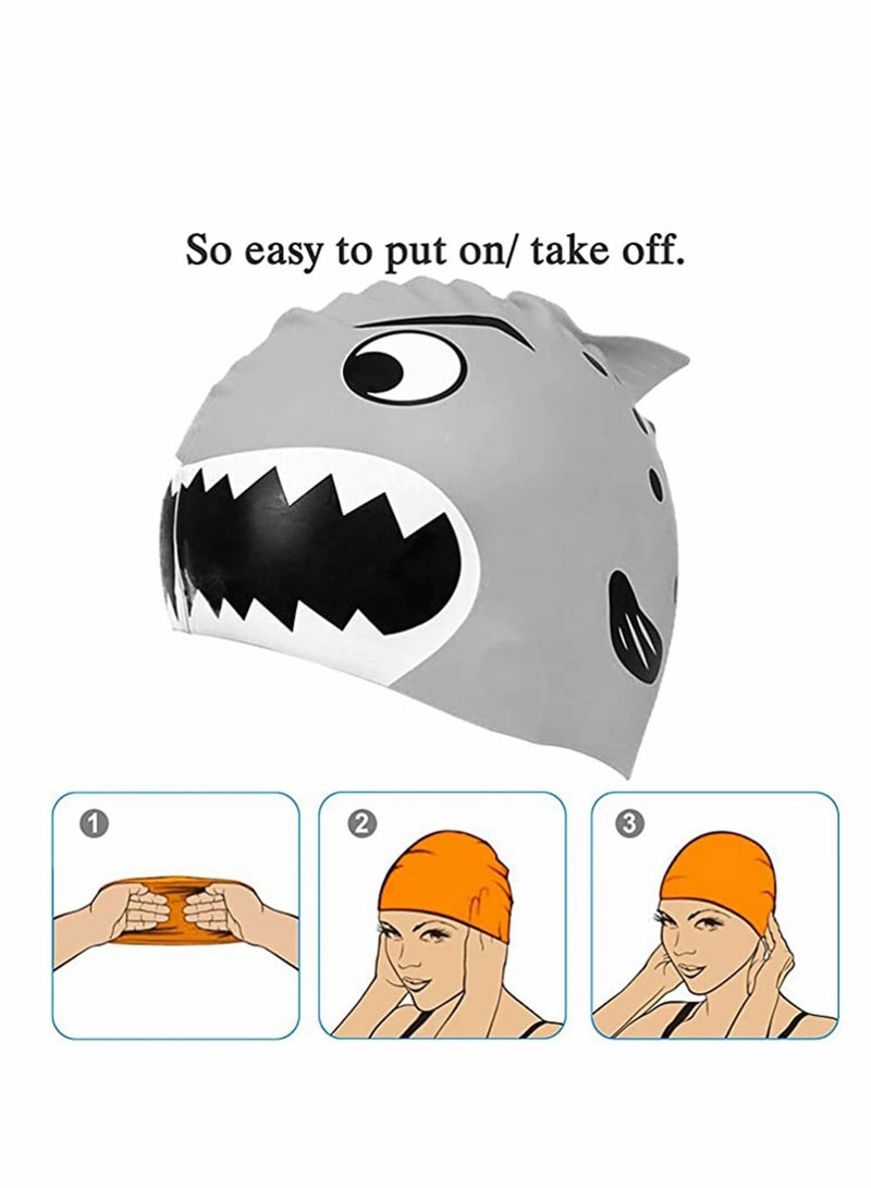 Excefore Kids Swimming Caps Waterproof Silicone Bathing Cap lovely Cartoon Animal Prints Protect Ears Soft Lightweight Boys and Girls Swim Caps (Age 3-12 Shark Pattern 2pcs)  - Image 5