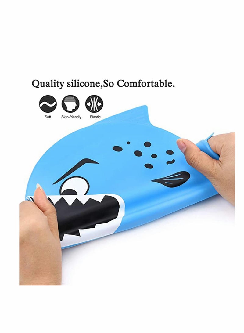 Excefore Kids Swimming Caps Waterproof Silicone Bathing Cap lovely Cartoon Animal Prints Protect Ears Soft Lightweight Boys and Girls Swim Caps (Age 3-12 Shark Pattern 2pcs)  - Image 2