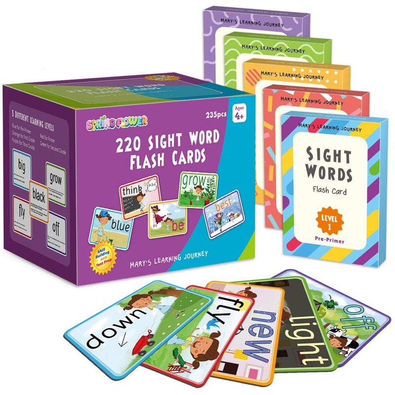 spring flower SpringFlower Sight Words Flash Cards with Pictures,Motions&Sentences, 220 Dolch Sight Words for Preschool, Kindergarten, 1st, 2nd & 3rd Grade.Homeschool, Learn to Read, Phonics Learning,235 Pieces - Image 1