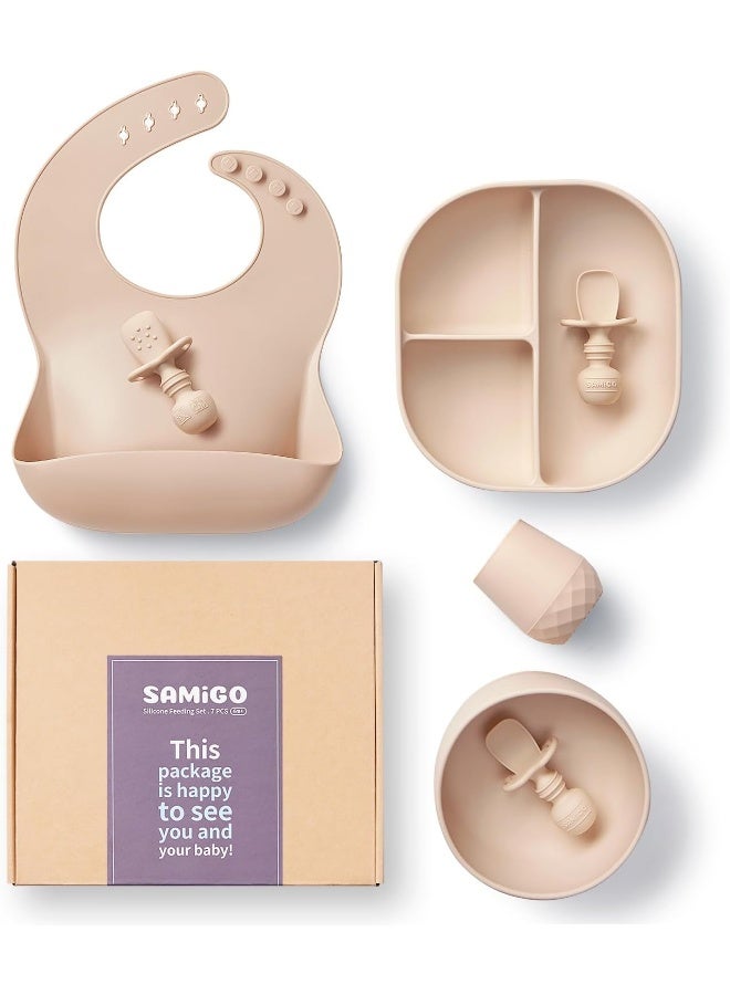 SAMiGO Silicone Baby Feeding Set, Suction Plate Bowl Set, Self Feeding Spoons, Bib, Cup, Baby Led Weaning Supplies, First Stage Feeding Essentials, Food Eating Utensils, 6+ Months - Image 1