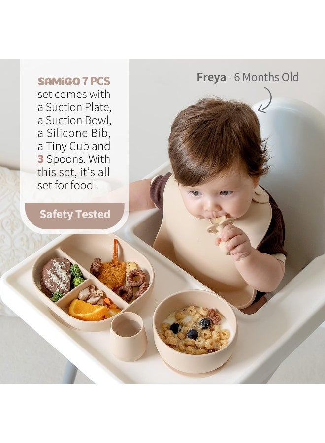 SAMiGO Silicone Baby Feeding Set, Suction Plate Bowl Set, Self Feeding Spoons, Bib, Cup, Baby Led Weaning Supplies, First Stage Feeding Essentials, Food Eating Utensils, 6+ Months - Image 2