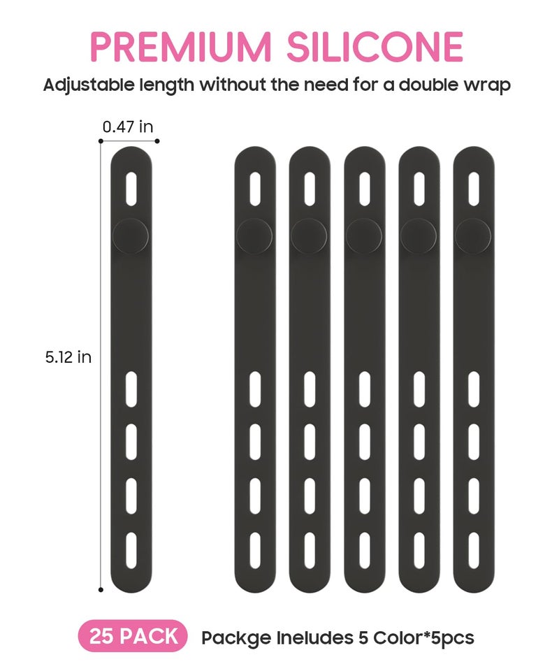 TIKIWIK 25Pack Silicone Cable Ties,Reusable Cord Organizer for Bundling Electrical Cords,Adjustable Data Cable Organizer Ties,High Elasticity Cable Straps for Home/Office/School/Travel(Black) - Image 2