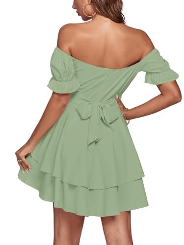 LYANER Women's Tie Back Off Shoulder Wrap Layer Ruffle A Line Short Sleeve Casual Mini Dress Plain Light Green Medium - Image 3