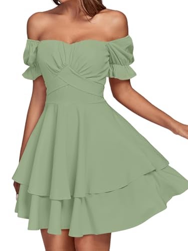 LYANER Women's Tie Back Off Shoulder Wrap Layer Ruffle A Line Short Sleeve Casual Mini Dress Plain Light Green Medium - Image 4