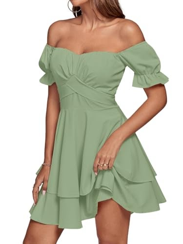 LYANER Women's Tie Back Off Shoulder Wrap Layer Ruffle A Line Short Sleeve Casual Mini Dress Plain Light Green Medium - Image 5