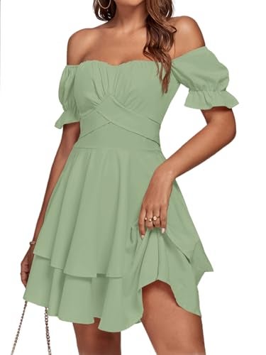LYANER Women's Tie Back Off Shoulder Wrap Layer Ruffle A Line Short Sleeve Casual Mini Dress Plain Light Green Medium - Image 2