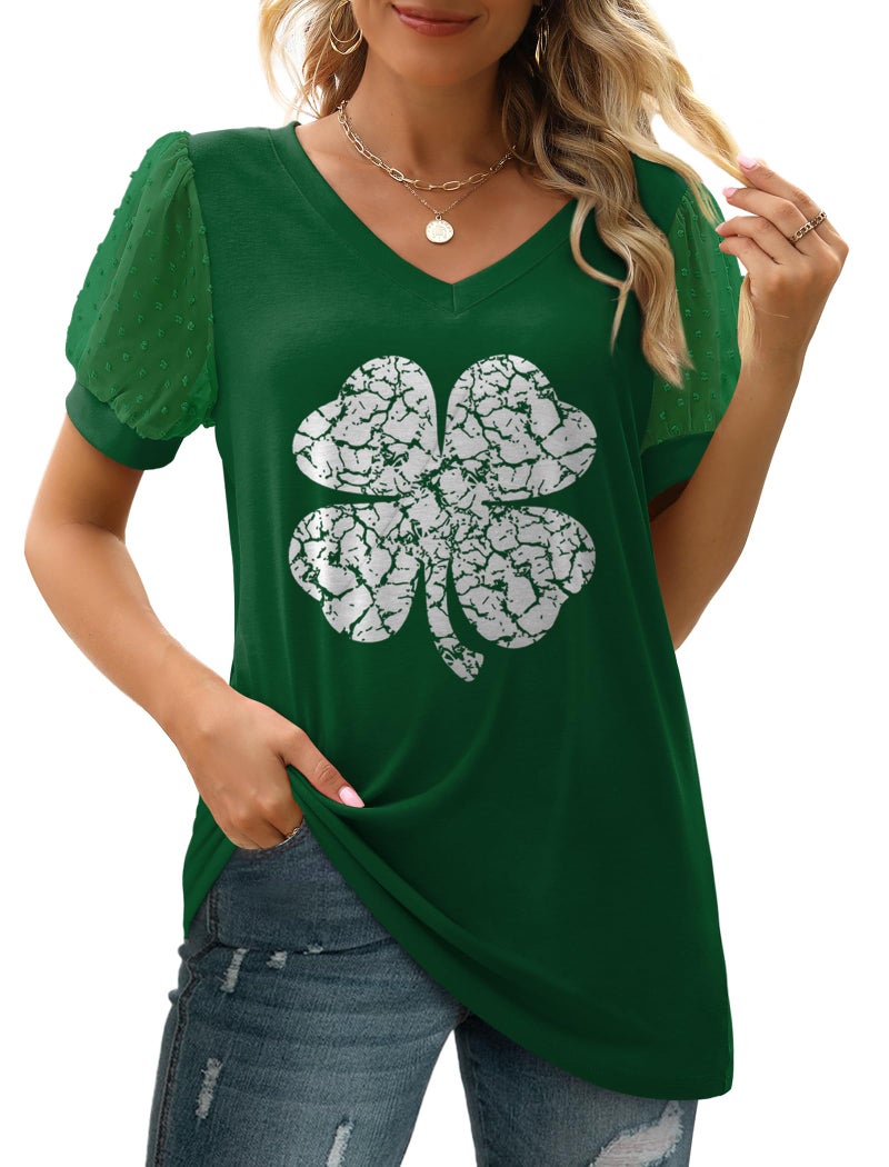 Aokosor St Patrick's Day Shirts for Women Short Sleeve V Neck Tshirts Green Leaf Clover XL - Image 3