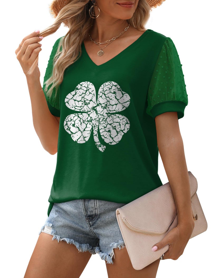 Aokosor St Patrick's Day Shirts for Women Short Sleeve V Neck Tshirts Green Leaf Clover XL - Image 2