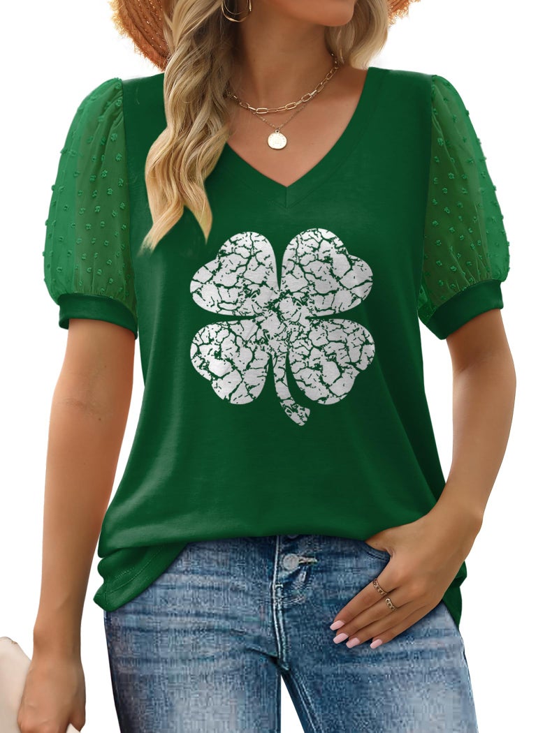 Aokosor St Patrick's Day Shirts for Women Short Sleeve V Neck Tshirts Green Leaf Clover XL - Image 1