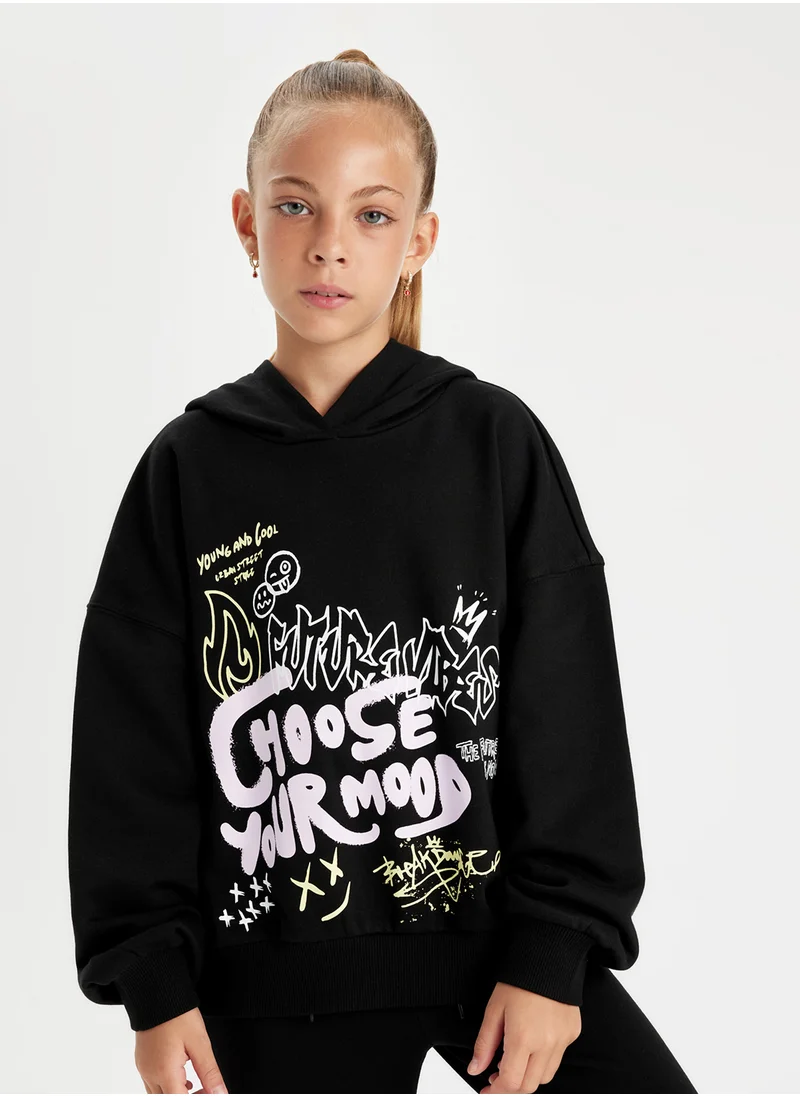 DeFacto Black Oversized Fit Hooded Text Printed Sweatshirt