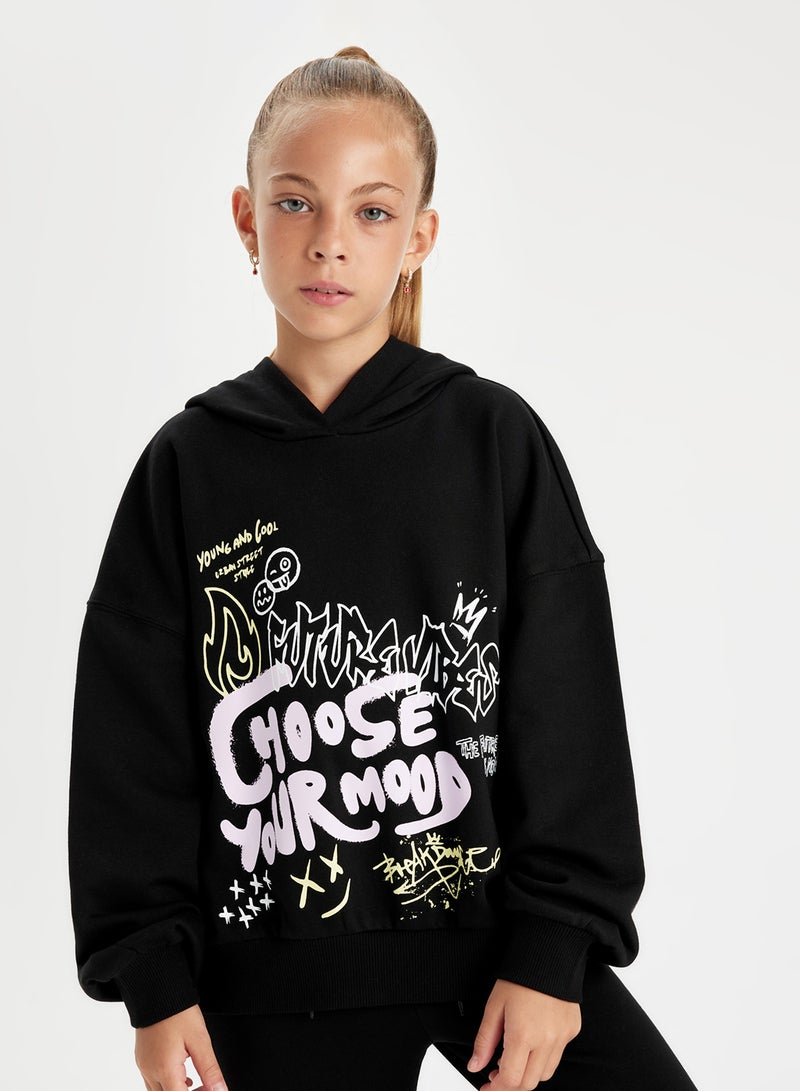 DeFacto Black Oversized Fit Hooded Text Printed Sweatshirt  - Image 1
