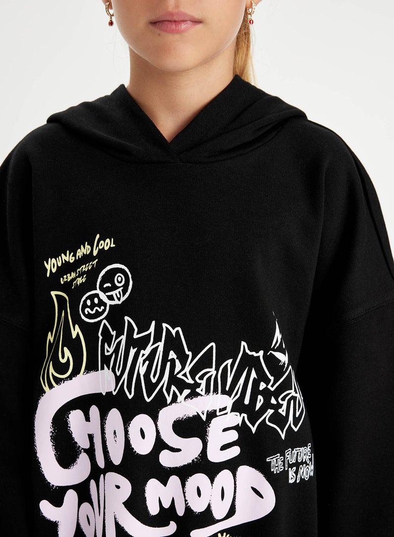 DeFacto Black Oversized Fit Hooded Text Printed Sweatshirt  - Image 3