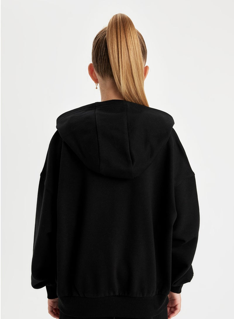 DeFacto Black Oversized Fit Hooded Text Printed Sweatshirt  - Image 2