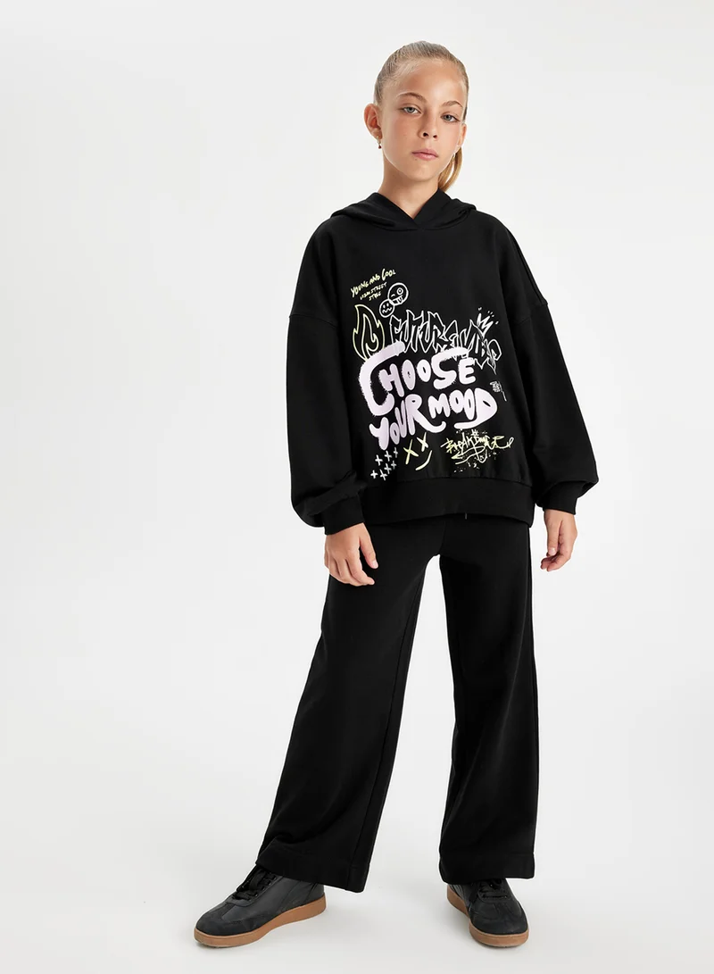 DeFacto Black Oversized Fit Hooded Text Printed Sweatshirt