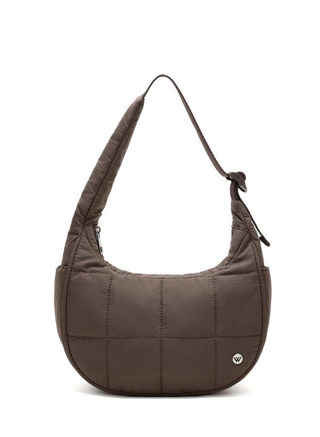 WESTBRONCO Small Puffer Crescent Shoulder Bag for Women, Nylon Quilted Shoulder Purses, Puffy Handbags with Adjustable Strap, Coffee - Image 1