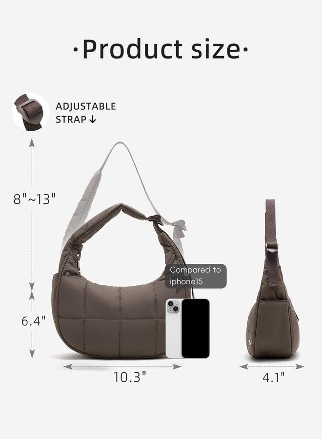 WESTBRONCO Small Puffer Crescent Shoulder Bag for Women, Nylon Quilted Shoulder Purses, Puffy Handbags with Adjustable Strap, Coffee - Image 3